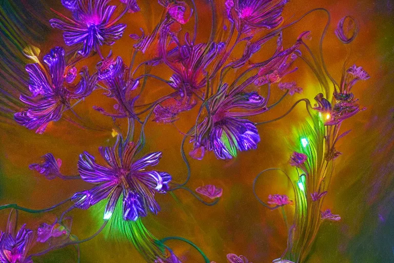 Prompt: beautiful macro photograph of a bioluminescent alien flower with iridescent petals | feathered tendrils | by Donato Giancola and Vermeer | subsurface scattering | deep rich colors | featured on Artstation