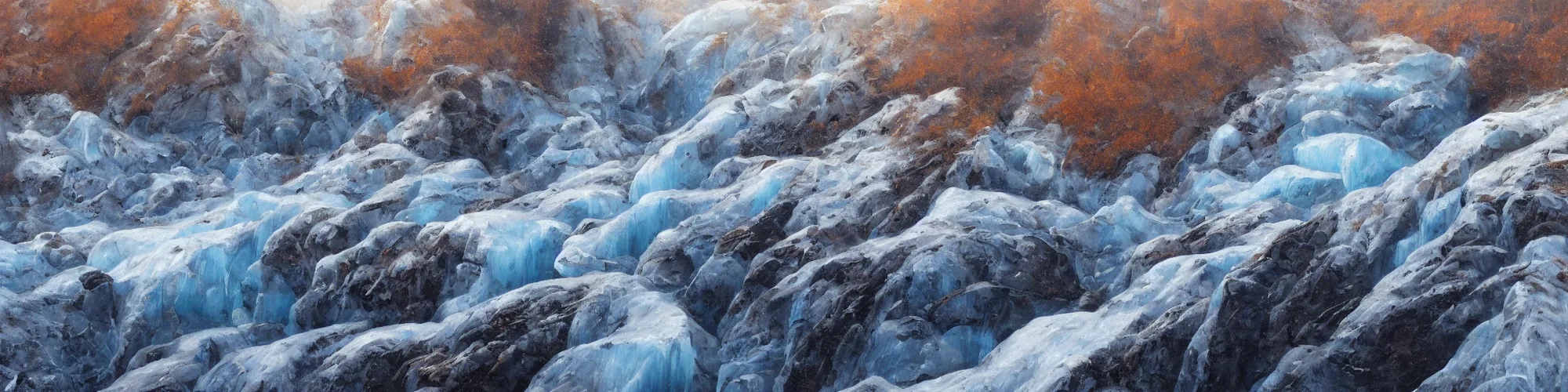 Prompt: classical oil painting of icy glacial canyon with black rock, brown grass, refracting ice, snowing, fog, ambient light, hyperrealism, fine detail, 8 k, fantasy, trending on artstation, stylistic, brush strokes, oil, canvas, by kawacy and makoto shinkai