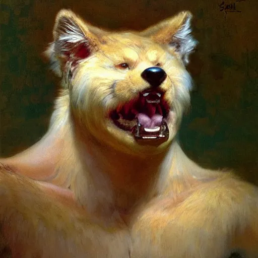 Image similar to a portrait of an very furry human with an animal's head in the pool, furry body, furry arms, furry legs, furry tail. highly detailed painting by gaston bussiere, craig mullins, j. c. leyendecker, furry