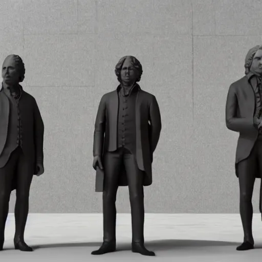 Image similar to mozart and beethoven and bach and liszt all standing next to each other, they're all statues, octane render, 8 k, highly detailed, hyper - realistic.