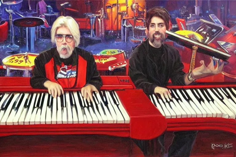 Image similar to portrait of michael mcdonald playing keyboard on stage at chuck e cheese, an oil painting by ross tran and thomas kincade