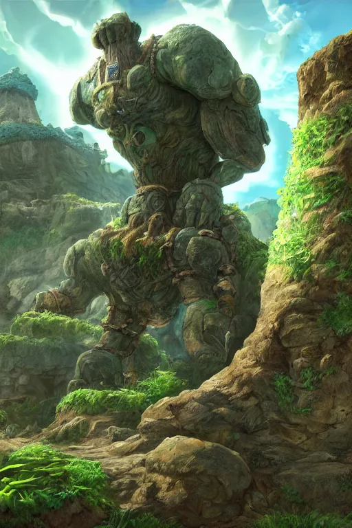 Image similar to zelda fantasy art giant golem troll wood rock greeble gemstone, global illumination ray tracing hdr fanart arstation by sung choi and eric pfeiffer and gabriel garza and casper konefal