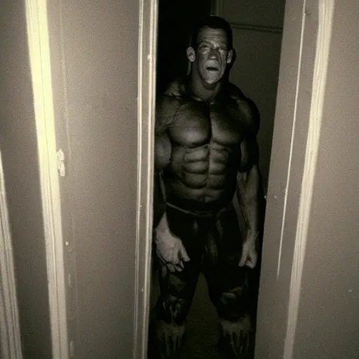 Image similar to grainy photo of john cena as a creepy monster in a closet, harsh flash