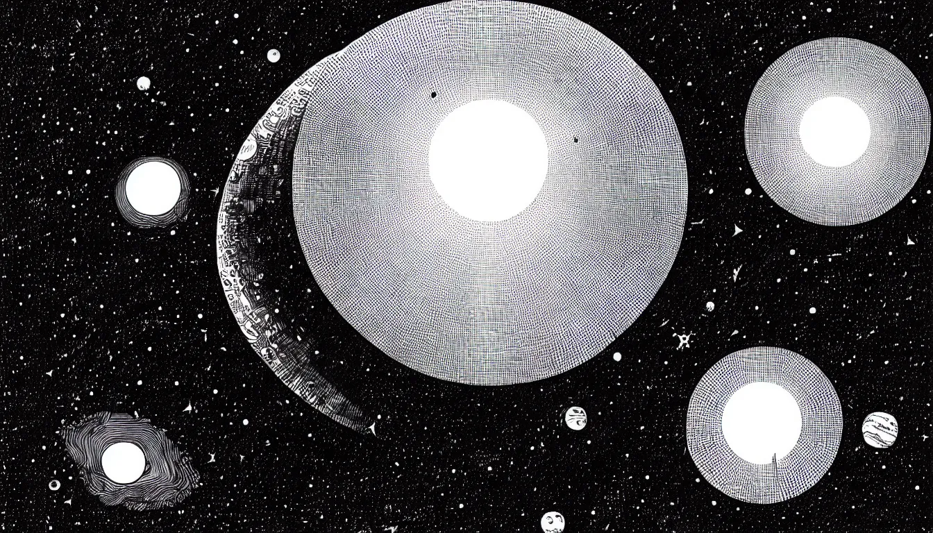 Prompt: planetary nebula by nicolas delort, moebius, victo ngai, josan gonzalez, kilian eng