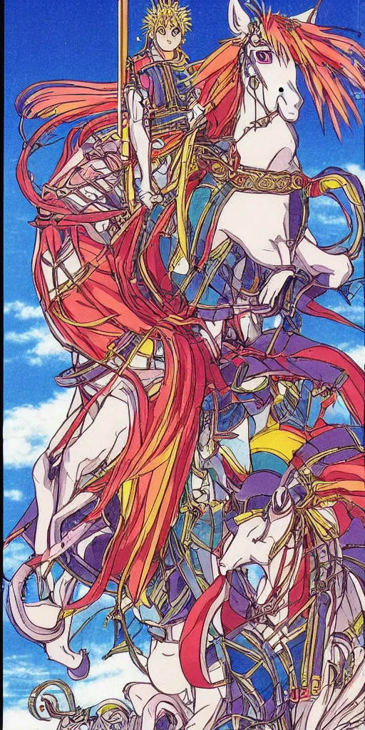 Image similar to a magical chariot drawn by horse in japan, 1990s anime, full color, tarot card the chariot,