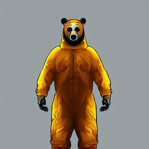 Image similar to portrait of full body bear beast-man wearing a hazmat suit, digital art, concept art, highly detailed, sharp focus