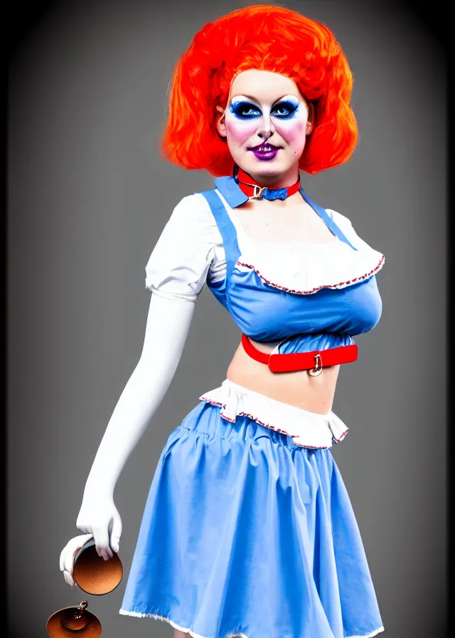 Prompt: a 2022 fashion illustration of a Dutch milkmaid costume with a cowbell choker and exposed midriff. silicone prosthetic cow udder fx makeup on midriff. drag queen, campy