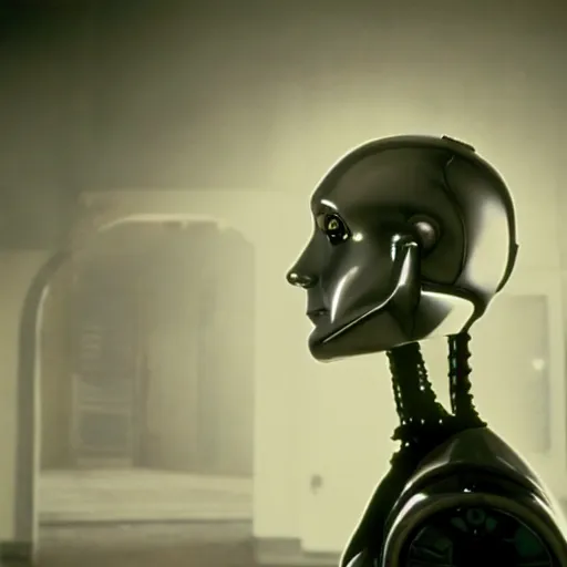 Image similar to movie scene of a man with a robot head, movie still, acting, cinematic composition, cinematic lighting, Movie by David Lynch and Andrzej Żuławski