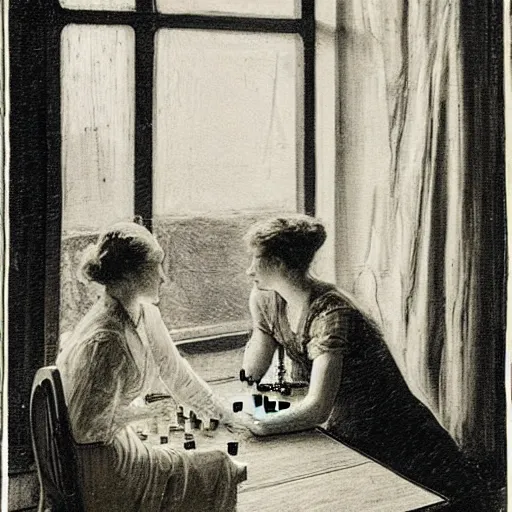 Prompt: two young edwardian women playing chess by a window at night, a beach reflecting moonlight is visible in the background, in the style of anders zorn