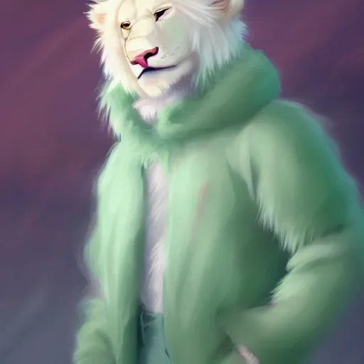 Prompt: aesthetic portrait commission of a albino male furry anthro lion wearing a cute mint colored cozy soft pastel winter outfit, winter atmosphere. character design by chunie, kristakeshi, sigmax