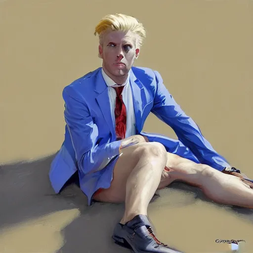 Image similar to greg manchess portrait of a blond man in a blue suit lying on the ground bleeding in an arena, profile picture, organic painting, sunny day, matte painting, bold shapes, hard edges, street art, trending on artstation, by huang guangjian, gil elvgren, ruan jia, randy vargas, greg rutkowski