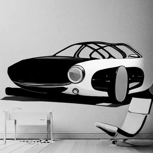 Image similar to the car from the future, vintage, futuristic style, retro - futurism, black and white, poster