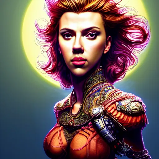 Prompt: studio portrait of scarlett johansson as colorful divine paladin, absurdly beautiful, elegant, sexy, super fine surreal detailed facial by kim jung gi, irakli nadar, intricate lines, clear focus, vivid colors, matte, octopath voyager, final fantasy, unreal engine, highly rendered, global illumination, radiant light, during a blood moon