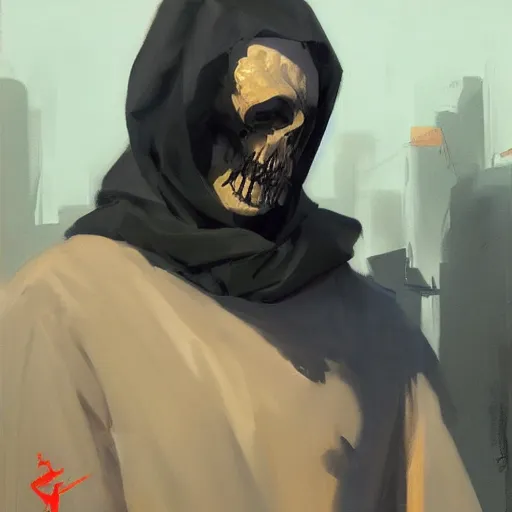 Prompt: greg manchess portrait painting of the grim reaper, medium shot, asymmetrical, profile picture, organic painting, sunny day, matte painting, bold shapes, hard edges, street art, trending on artstation, by huang guangjian and gil elvgren and sachin teng