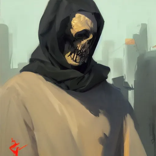 Image similar to greg manchess portrait painting of the grim reaper, medium shot, asymmetrical, profile picture, organic painting, sunny day, matte painting, bold shapes, hard edges, street art, trending on artstation, by huang guangjian and gil elvgren and sachin teng