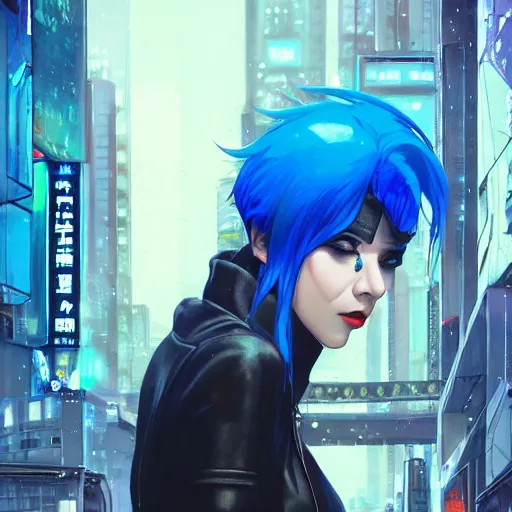 Image similar to hyper realistic photograph portrait of cyberpunk hot pretty girl with blue hair, wearing a full leather outfit, cyber implants, in city street at night, by makoto shinkai, ilya kuvshinov, lois van baarle, rossdraws, basquiat