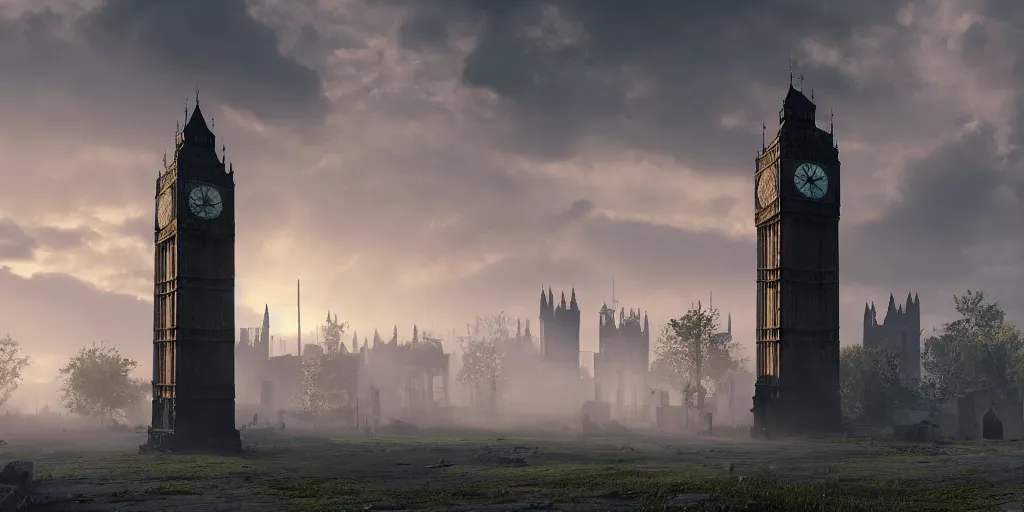 Image similar to a destroyed clock tower in a destroyed London at sunrise, ruins, clouds in the sky, concept art, octane render, unreal engine 5, trending on Artstation, high quality, 8K, soft lighting, highly detailed, trending on DeviantArt, mossy, apocaliptic, serene landscape, beautiful, cgsociety