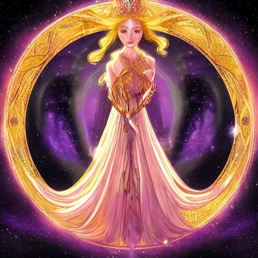 Image similar to queen of the stars goddess, gentle, dreamy purples and golds and orange, flowing stars and planets, arcane, highly detailed, intricate, beautiful, face radiates light, the moon around her, sitting upon a throne, cinematic lighting, cinematic, ultra detailed, hyperrealism, art nouveau, alan lee, celestial symbols, dynamic pose, dramatic lighting, concept art, hdri, 4k -