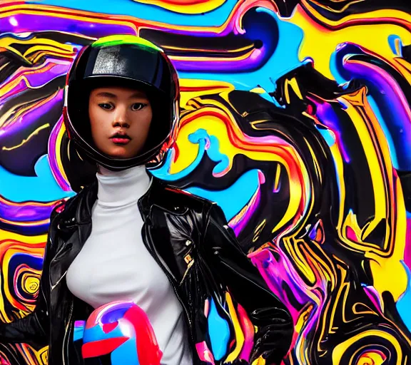 Prompt: portrait of a glossy black marble statue of an anime girl with colorful motocross logos and motorcycle helmet with reflective mirrored visor, colorful billboards in the background, carved marble statue, fine art, in the style of virgil abloh, in the style of takashi murakami,