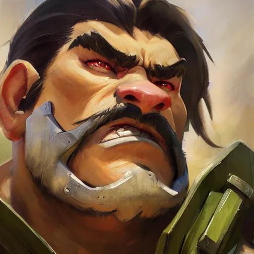 Prompt: greg manchess close - up portrait painting of a ruggedly handsome dieselpunk orc general with olive green skin as an overwatch character, medium shot, asymmetrical, profile picture, organic painting, sunny day, matte painting, bold shapes, hard edges, street art, trending on artstation, by huang guangjian and gil elvgren and sachin teng