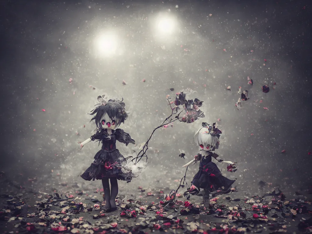 Image similar to cute fumo plush of a gothic maiden girl tossing lots of decayed roses into the air, stale twilight, dust particles in sunbeams, swirling vortices of emissive smoke and volumetric fog over the river, bokeh, 5 0 mm, vignette, vray