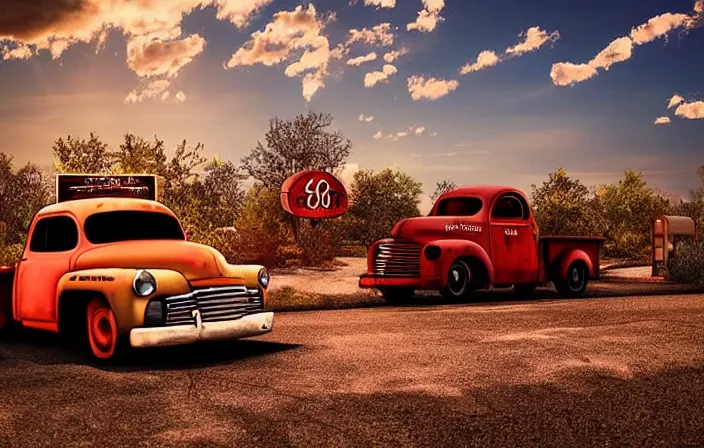 Image similar to A beautiful colorful evening scene of route66, 1950’s old road with abandoned gas station and rusty old pickup truck in the back, hyper realistic, softlight, blinding backlight evening sun, sparkling sun rays, epic scene, intense setting, evening vibe