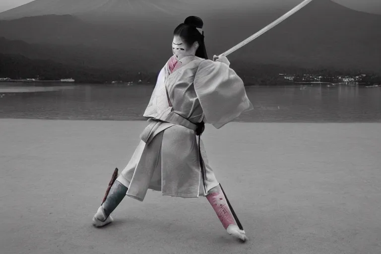 Prompt: beautiful photo of a geisha samurai warrior, mt fuji in the background, mid action swing, shining silver katana sword, award winning photo, muted pastels, action photography, 1 / 1 2 5 shutter speed, dramatic lighting