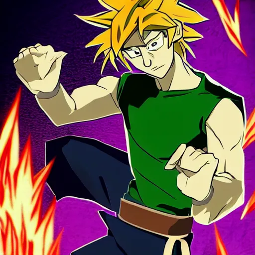 Image similar to Shaggy Rogers dressed like martial artist (as a legendary super sayian 2) in the style of slice of life anime trending on artstation deviantart Pinterest detailed High Resolution HD 8k