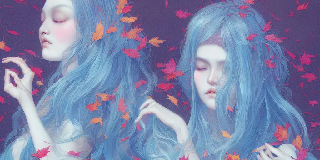 Prompt: breathtaking detailed concept art painting pattern with pastel colors of blue hair faces goddesses amalgamation autumn leaves, by hsiao - ron cheng and james jean, bizarre compositions, exquisite detail, 8 k