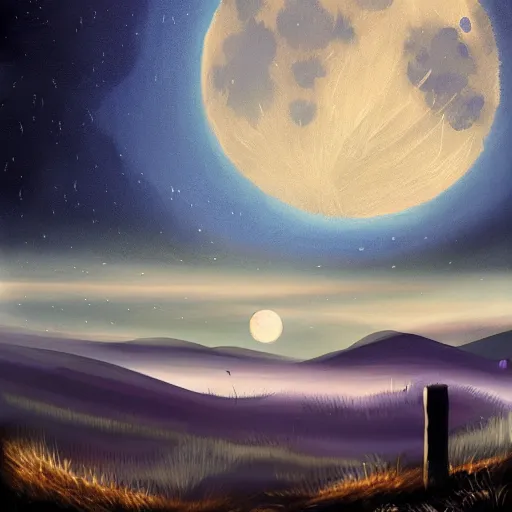 Prompt: night landscape with big moon on background, acrilic paint, digital, artstation, detailed intricate ink illustration, heavenly atmosphere, digital art, overdetailed art, concept art, complementing colors, trending on artstation, cgstudio, the most beautiful image ever created, dramatic, subtle, details, award winning artwork, beautiful scenery