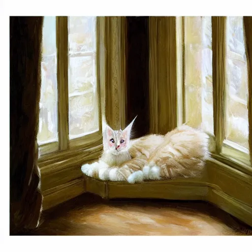 Image similar to cream color maine coon cat curled up, bay window sofa, by Antoine Blanchard