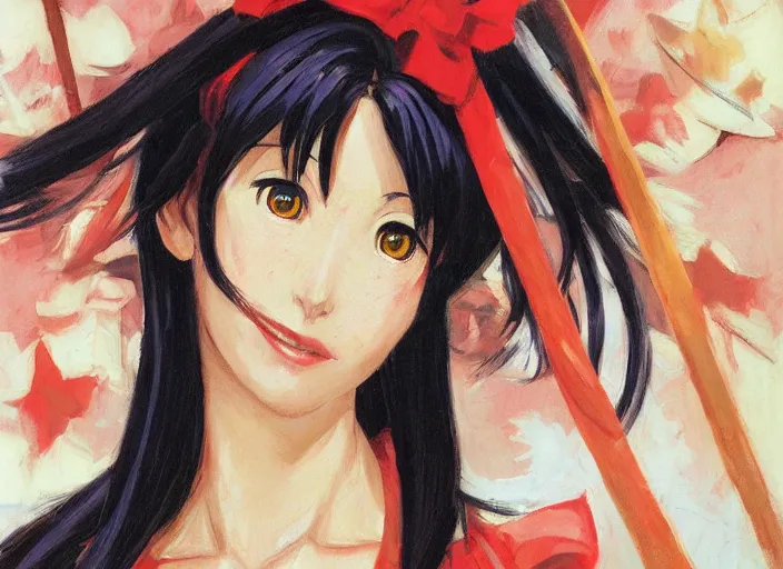 Image similar to a highly detailed beautiful portrait of misato katsuragi anime, by gregory manchess, james gurney, james jean