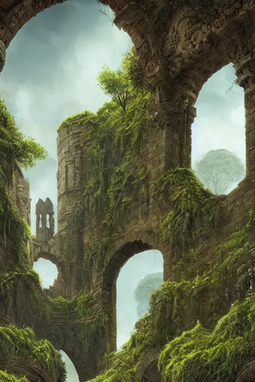 Image similar to gigantic castle, arches adorned pillars, towers, archways, gnarly trees, lush vegetation, forrest, landscape, raphael lacoste, eddie mendoza, alex ross, concept art, matte painting, highly detailed, rule of thirds, dynamic lighting, cinematic, detailed, denoised, centerd