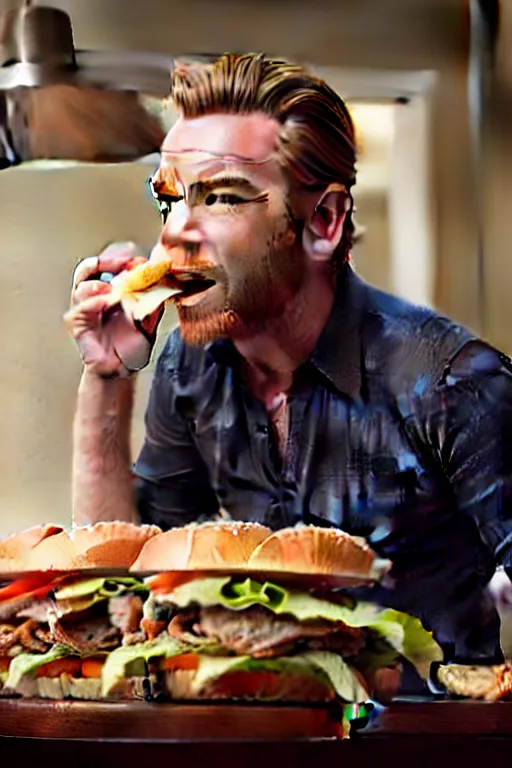 Image similar to A cinematic photo of Ewan McGregor eating sandwich