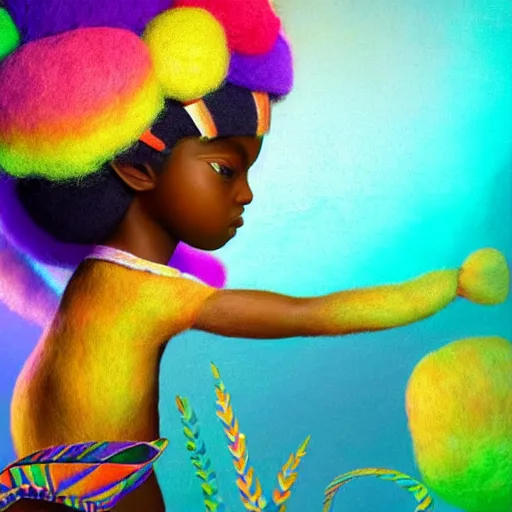 Prompt: a cute little african egyptian princess with a colorful afro, bright colors, synthwave, watercolor, volumetric wool felting, felt, macro photography, children illustration, global illumination, radiant light, detailed and intricate environment, by goro fujita