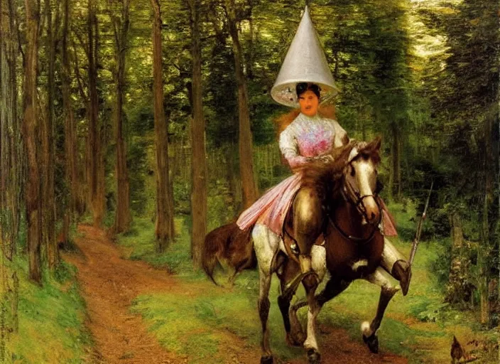Image similar to a princess with a tall cone hat riding a robotic horse in a forest, oil painting by john everett millais