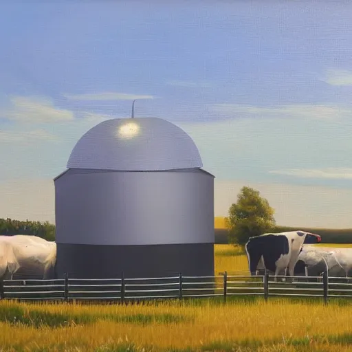 Image similar to exterior view of modern futuristic farm barn architecture, silo, feed troughs, cows, pigs, chickens, detailed luminescent oil painting 4 k