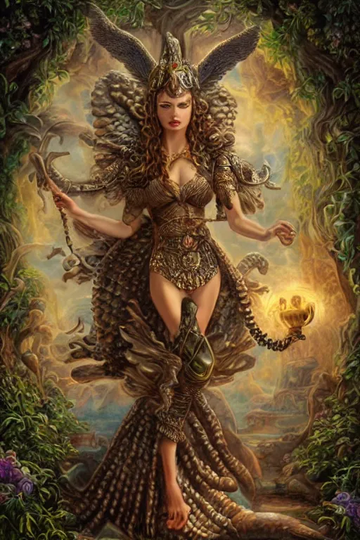 Prompt: Mystical Valkyrie, Portrait of a beautiful female Atlantean Reptilian Warrior, Realistic, Regal, Refined, Detailed Digital Art, Michael Cheval, Walt Disney (1937), François Boucher, Oil Painting, Steampunk, Highly Detailed, Cinematic Lighting, Unreal Engine, 8k, HD