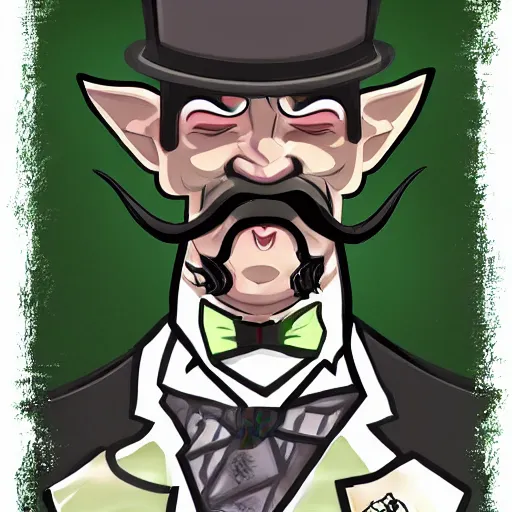 Image similar to a cartoonishly evil goblin, supervillain, top hat and luxurious moustache, green skin, cartoon style, d & d character portrait, victorian clothing, digital art, 8 k,