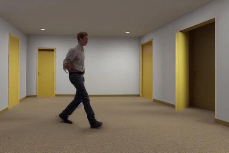 Image similar to vhs video effect | 3 d render of jerma 9 8 5, jerma walking around in the backrooms, jerma walking in endless halls of completely empty office space with worn light mono - yellow 7 0 s wallpaper, old moist carpet, and inconsistently - placed fluorescent lighting | liminal space | non - euclidean space | high octane | blender