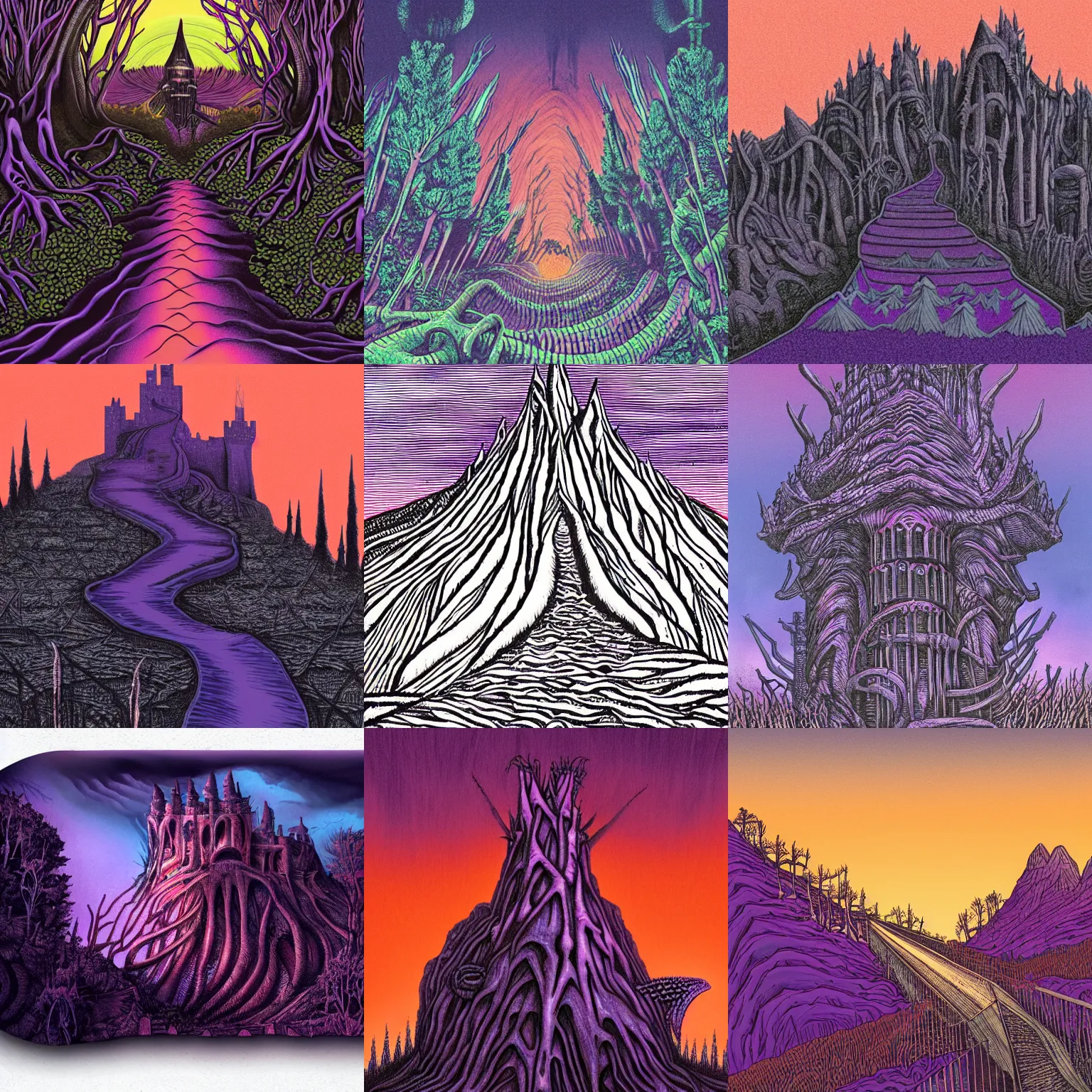 Prompt: giger illustration. dark purple steep and zig - zag path to evil fantasy castle over a high dark blue hill at night. orange to pink gradient sky and thunderstorm background. forest underneath