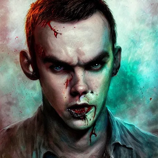 Prompt: angry zombie portrait of nicholas hoult in an urban szene, grimdark horror, stylized digital illustration, radiating a glowing aura, global illumination, ray tracing, hdr, fanart arstation by ian pesty and katarzyna bek - chmiel