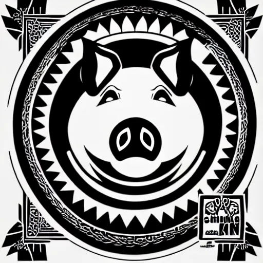 Image similar to good pig king logo Illustrated by Shepard Fairey, H.R. Geiger, black and white, high contrast, high detailed sharp outlines, hyper realistic, vector art