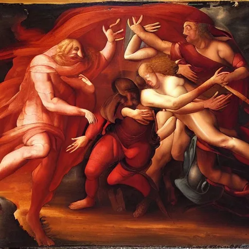 Image similar to Renaissance painting of souls falling from a red cloud into a fiery pit with satan in the middle. dark colors.