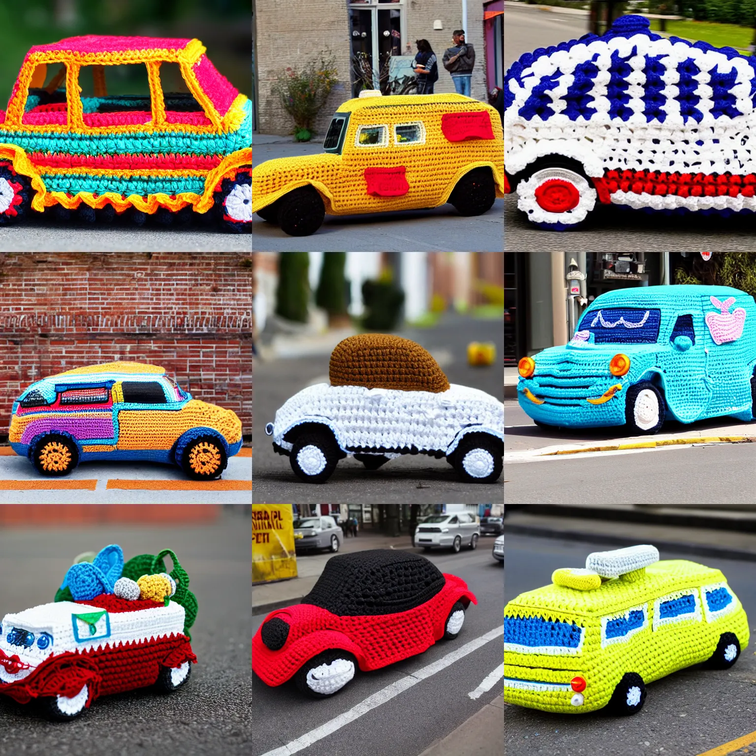 Prompt: Product image of a full size crochet car on the street. High resolution