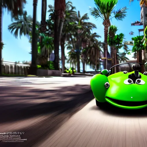 Image similar to kermit driving a mercedes, wlop, palm trees, cinematic lighting, hyperdetailed, 8 k realistic, symmetrical, global illumination, radiant light,, frostbite 3 engine, cryengine, dof, trending on artstation, digital art, chanel