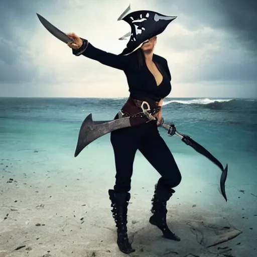 Image similar to a Swashbuckling pirate wearing her best shark skin, photo by annie Leibowitz