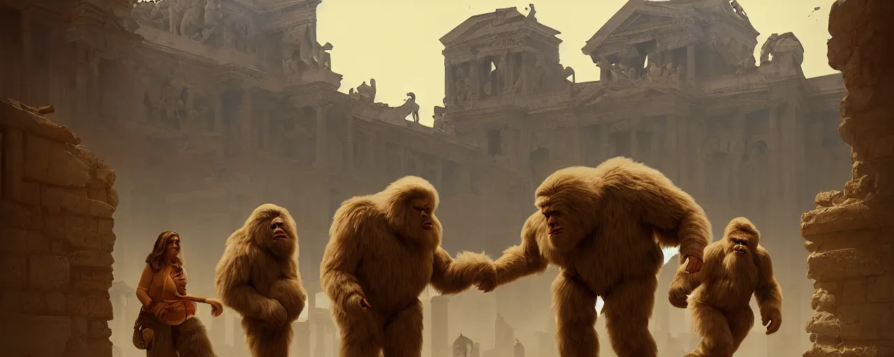 Image similar to duotone concept illustration 3 / 4 portrait of majestic yeti and bigfoot visiting ancient rome museum. cinematic scene. vlumetric lighting. golden rario accidental renaissance. by sachin teng and sergey kolesov and ruan jia and heng z. graffiti art, scifi, fantasy, hyper detailed. octane render. concept art. trending on artstation