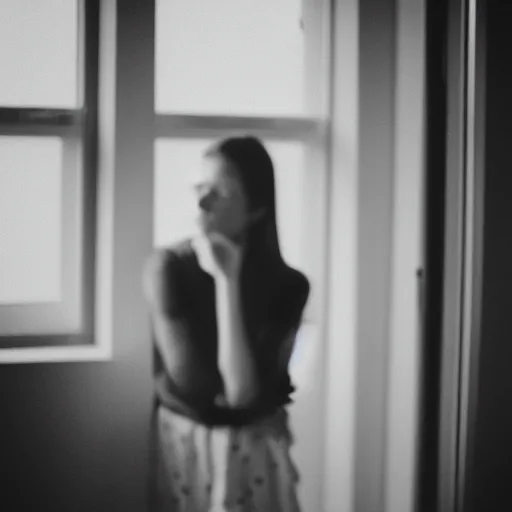 Image similar to black and white photograph portrait of a depressed 35 years old woman standing by the window, natural light, lomo, fashion photography, film grain, soft vignette, sigma 85mm f/1.4 1/10 sec shutter