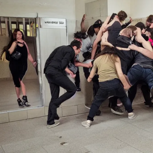 Prompt: moshpit in a public toilet